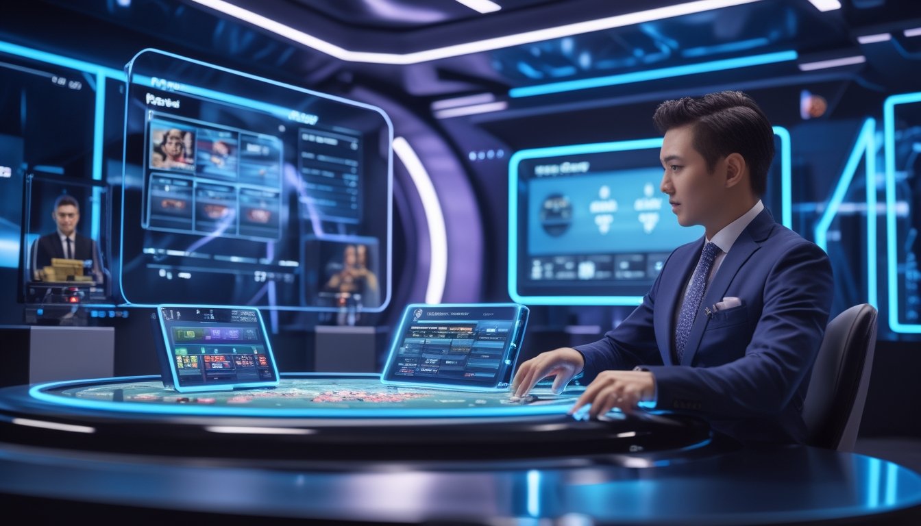 Seorang dealer kasino profesional sedang berinteraksi dengan perangkat digital dalam studio kasino online futuristik dengan layar holografik dan pencahayaan modern.