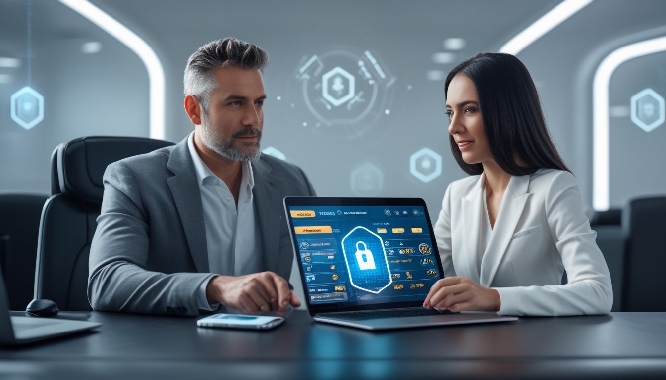 Dua orang dewasa menggunakan perangkat digital di meja, menunjukkan keamanan transaksi kasino online.