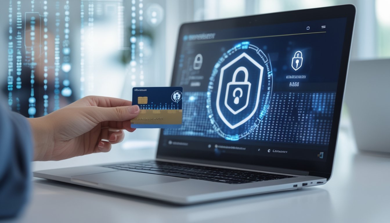 Seseorang menggunakan laptop dengan kartu kredit di tangan, menampilkan situs kasino online yang aman dengan ikon keamanan di layar.