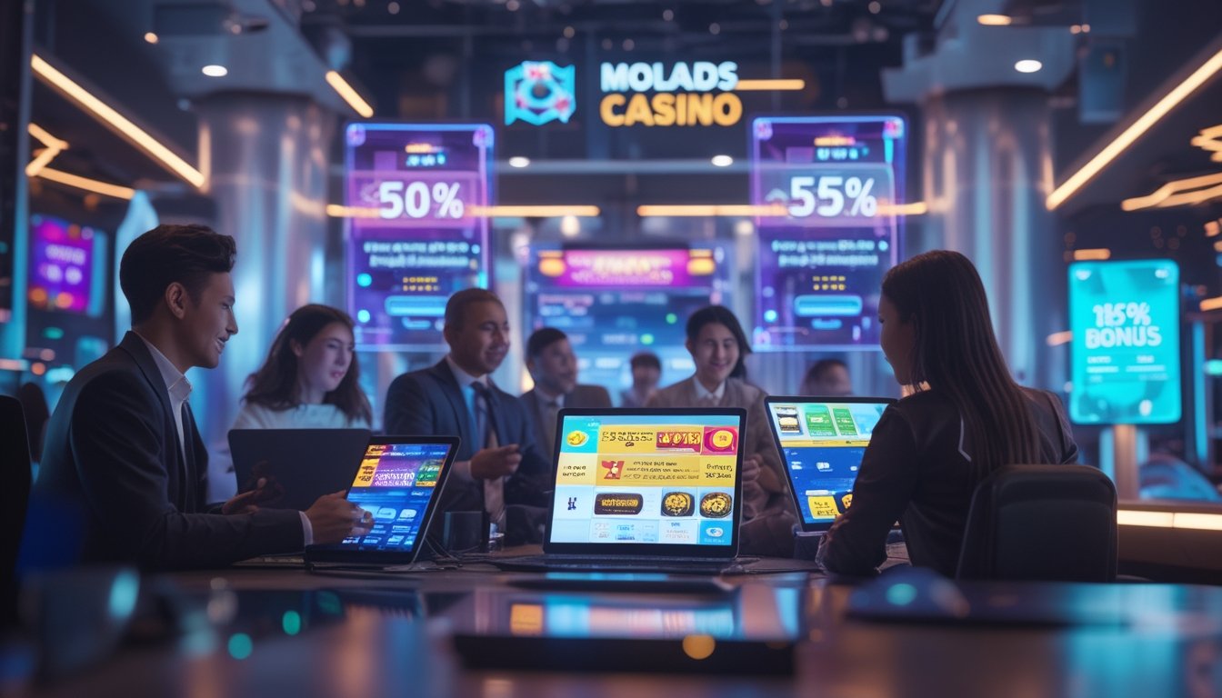 Beberapa orang menggunakan perangkat digital dengan tampilan promosi dan bonus kasino online di latar belakang futuristik.