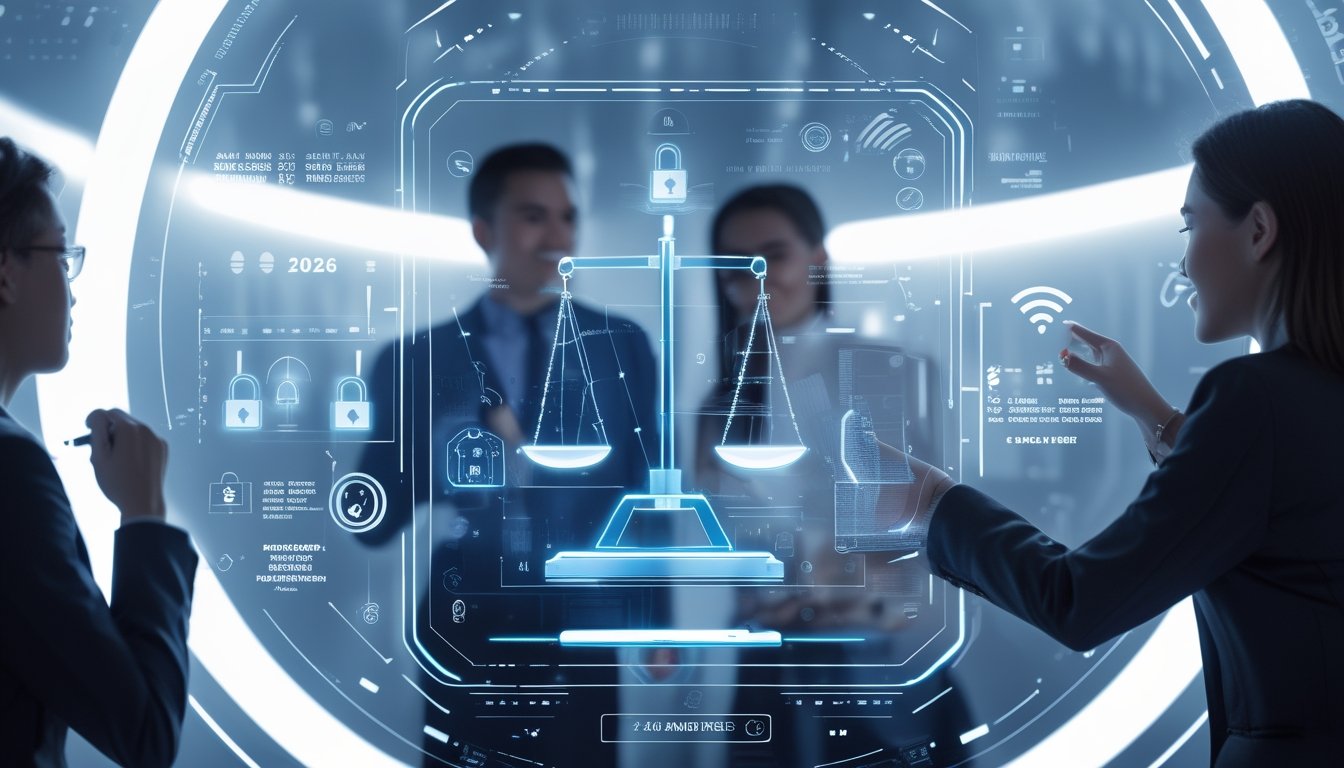 Antarmuka kasino online modern dengan simbol timbangan keadilan dan gembok keamanan, menampilkan pemain yang berinteraksi dengan sistem dalam ruangan futuristik.