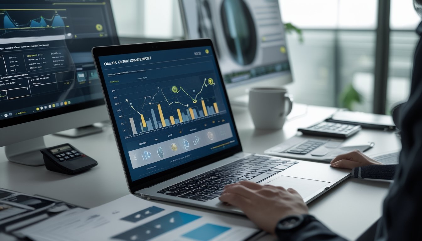 Seseorang duduk di depan laptop dengan grafik anggaran dan dokumen keuangan di meja, di ruang kerja yang rapi dan modern.