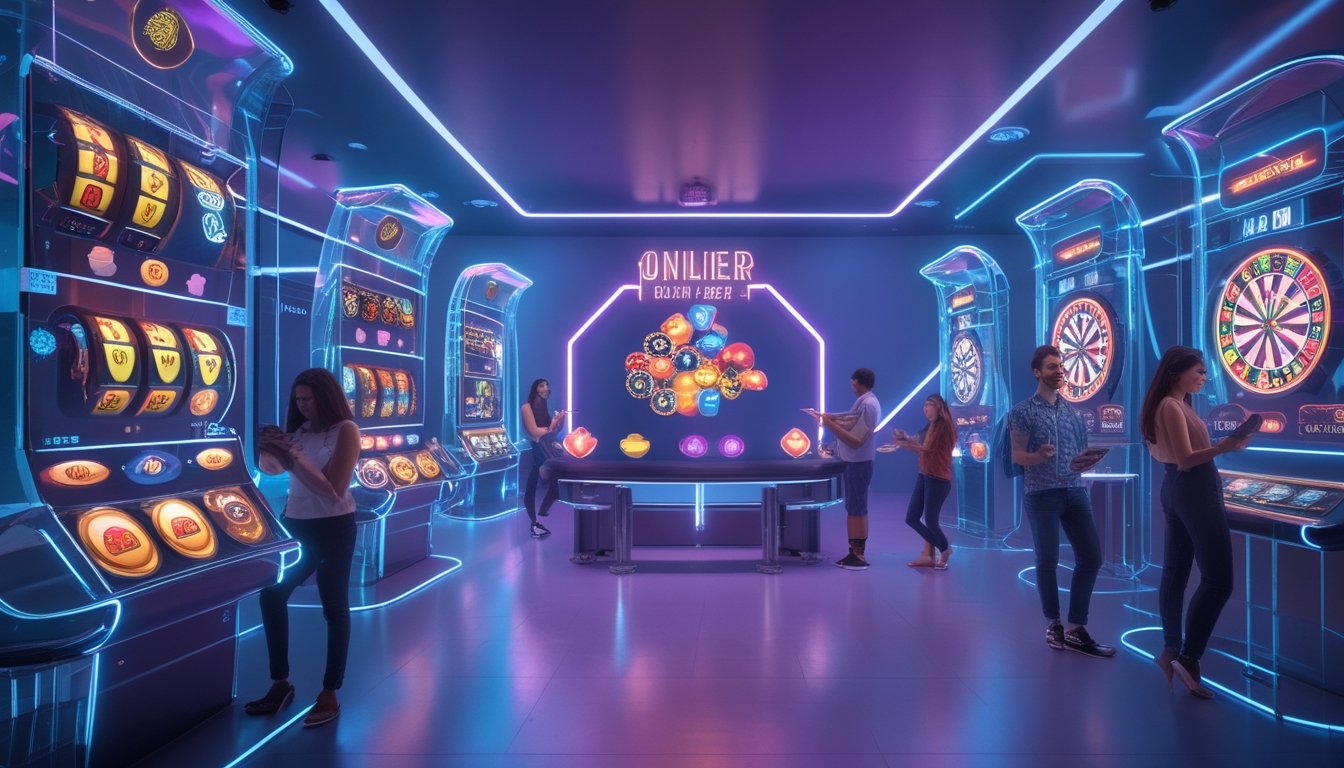 Beberapa orang bermain berbagai permainan kasino online dengan layar holografik dan perangkat digital di ruangan dengan pencahayaan futuristik.