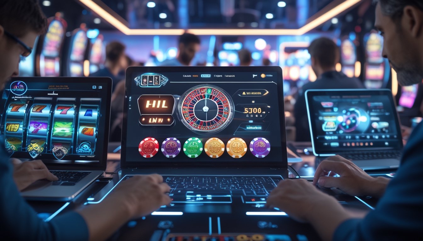 Adegan pemain yang sedang menikmati berbagai permainan kasino online populer dengan antarmuka digital futuristik dan perangkat elektronik.