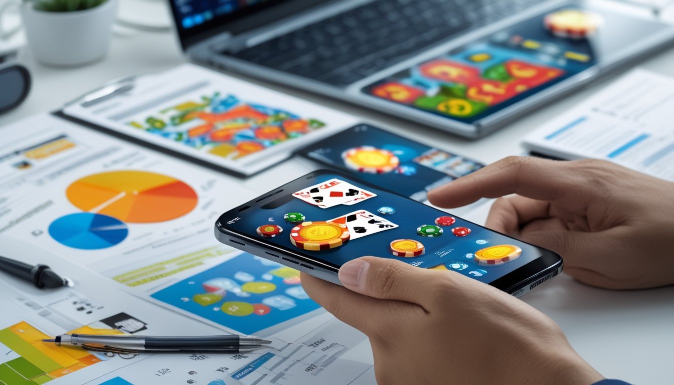 Seorang profesional sedang membandingkan fitur aplikasi kasino mobile menggunakan smartphone dan laptop di meja kerja yang rapi.