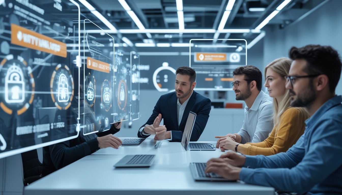 Beberapa orang sedang menganalisis layar komputer yang menampilkan situs kasino online dengan tanda peringatan di sebuah kantor modern.