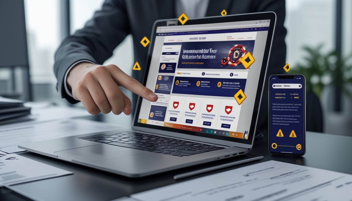 Seseorang menunjuk layar laptop yang menampilkan situs kasino online mencurigakan dengan tanda peringatan, di meja kerja dengan dokumen dan ponsel yang menunjukkan peringatan keamanan.