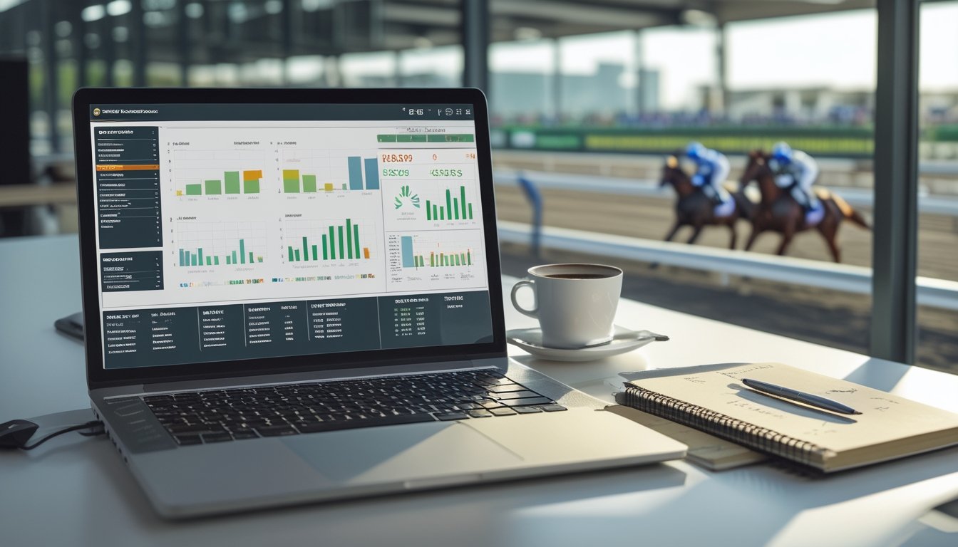 Meja kerja dengan laptop yang menampilkan statistik pacuan kuda, secangkir kopi, dan jendela yang memperlihatkan lintasan pacuan kuda di luar.
