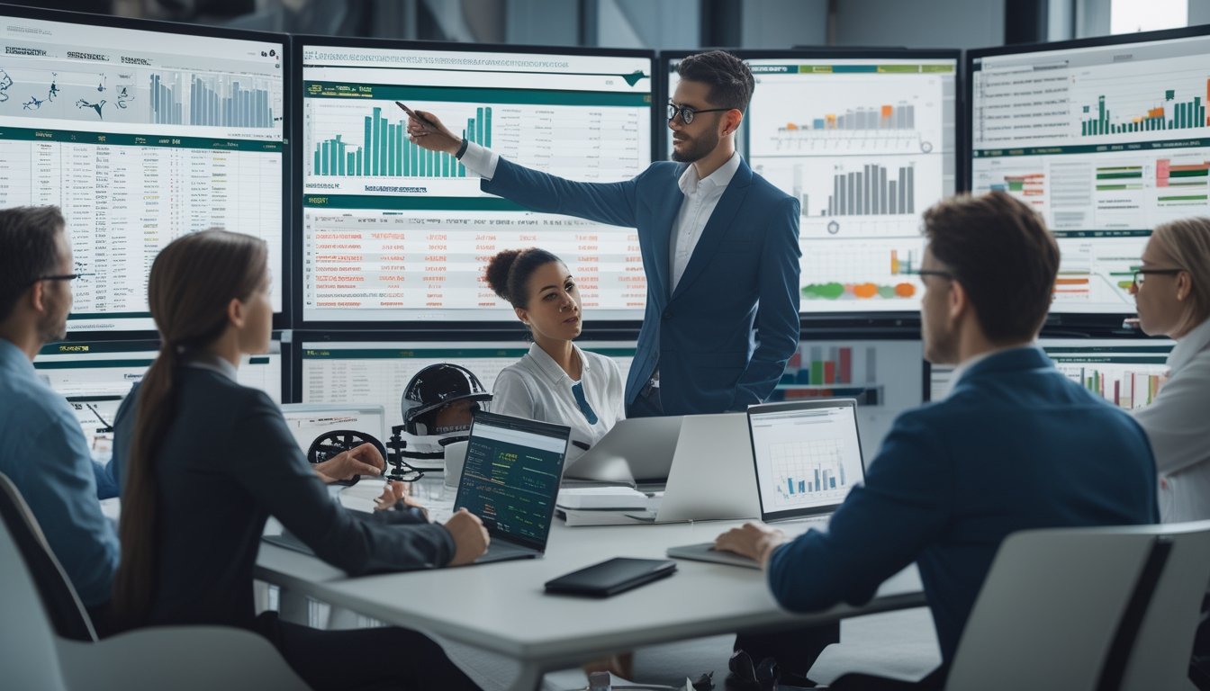 Beberapa orang sedang menganalisis statistik balap kuda di sebuah kantor dengan layar digital yang menampilkan grafik dan data.