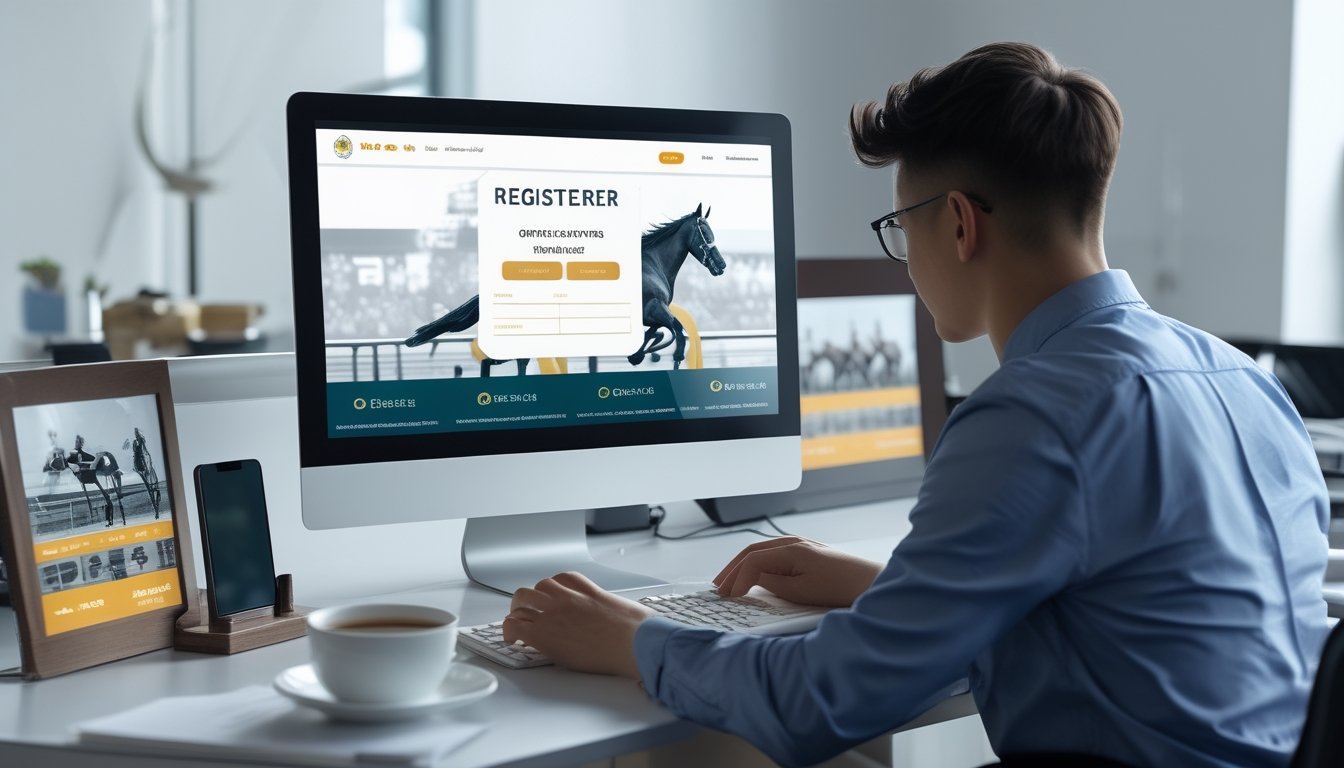 Seseorang sedang mendaftar akun di platform taruhan balap kuda resmi menggunakan komputer di sebuah kantor modern.