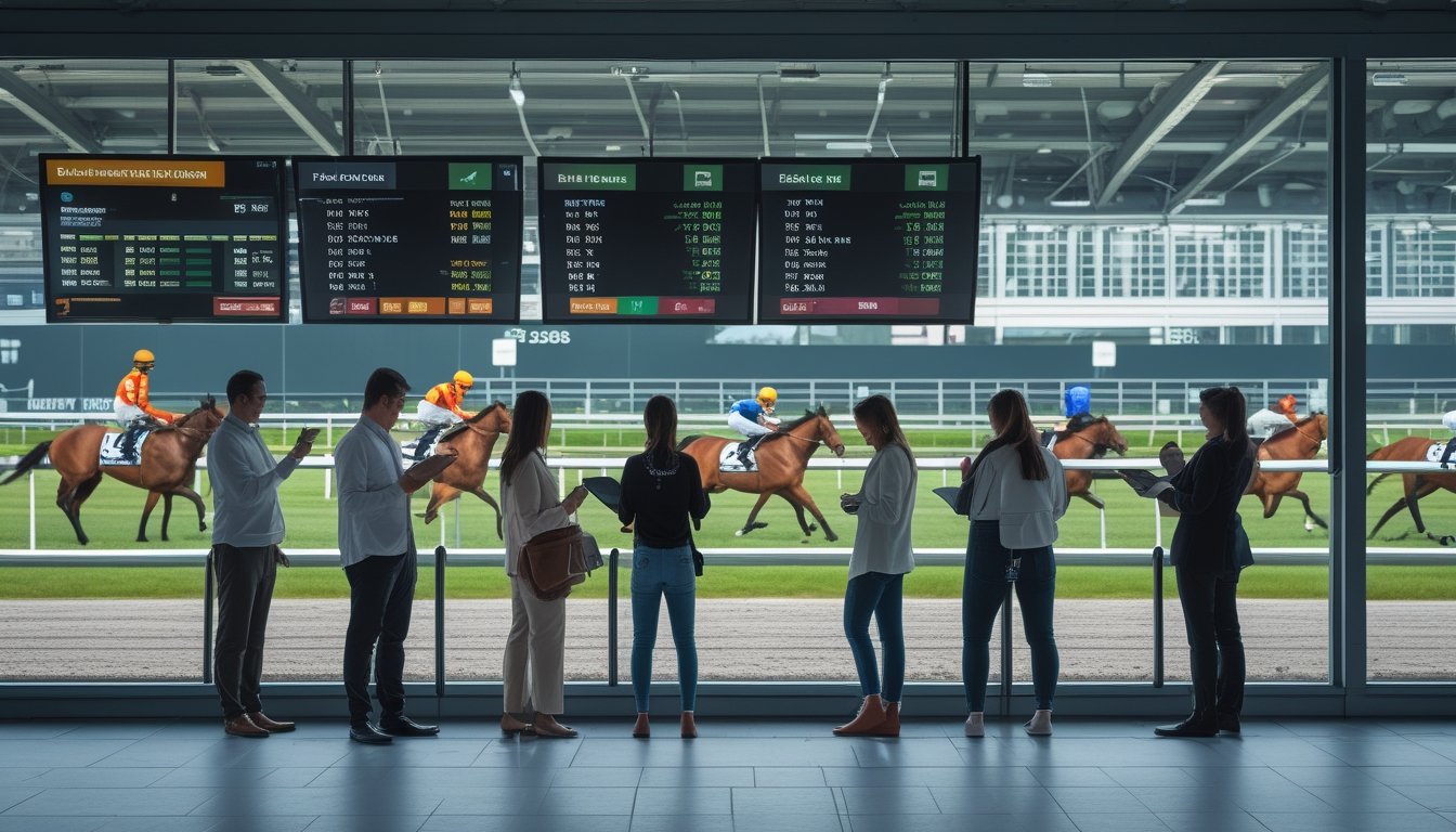 Beberapa orang dari berbagai negara sedang melihat layar digital dengan berbagai format odds taruhan balap kuda di sebuah arena balap modern, sementara kuda dan joki berlomba di latar belakang.