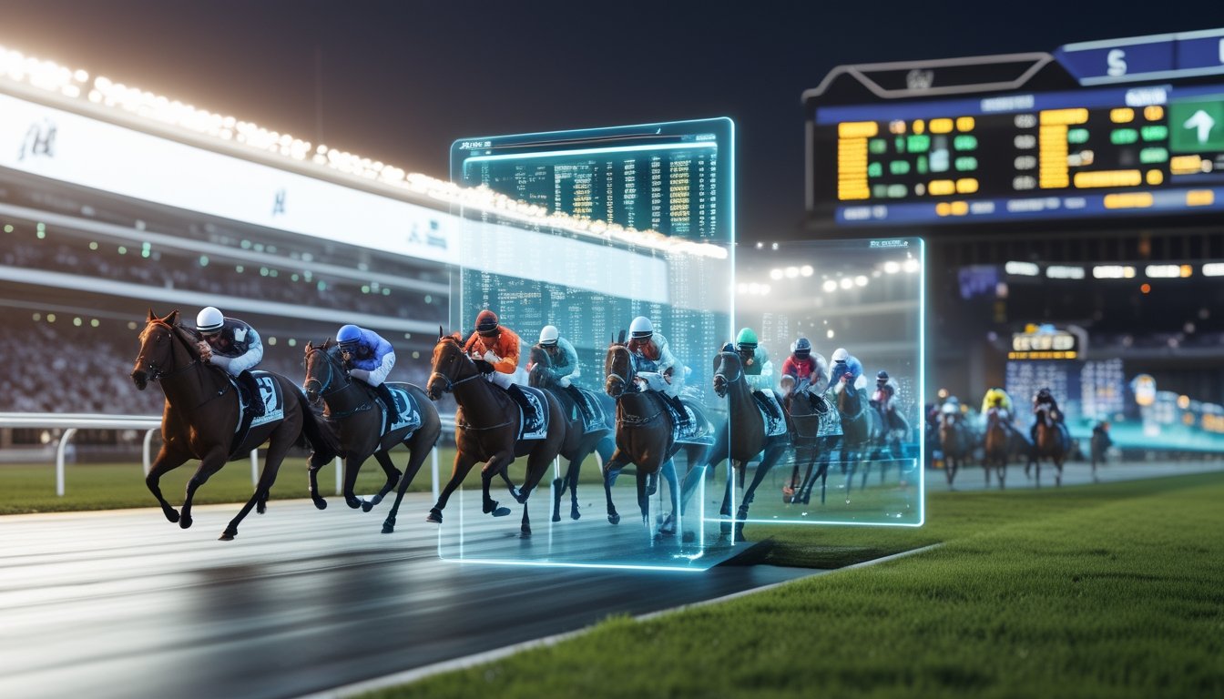 Beberapa orang dari berbagai negara melihat layar digital dengan informasi taruhan balap kuda di sebuah arena pacuan kuda saat balapan berlangsung.