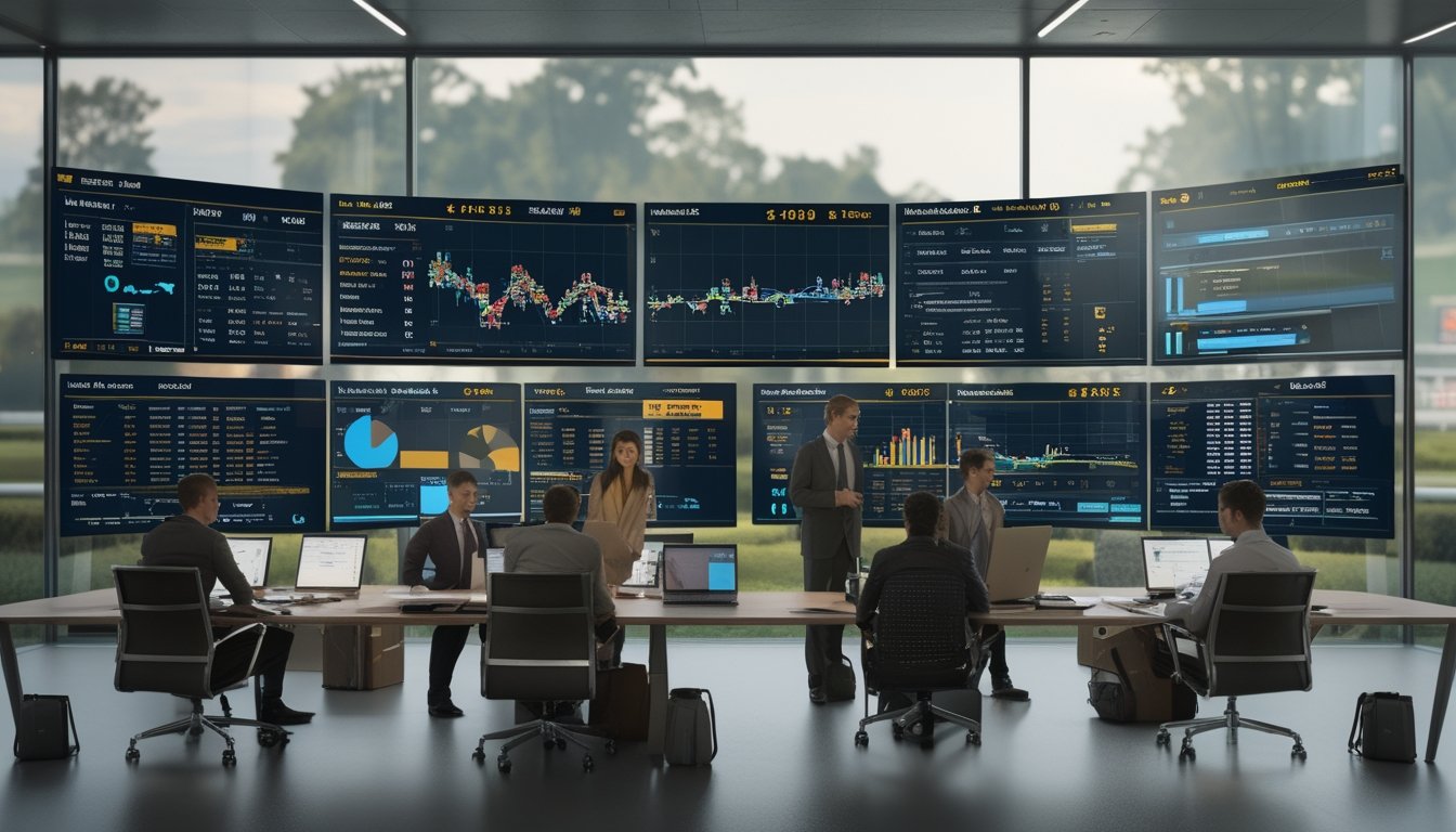 Sekelompok profesional sedang menganalisis data balap kuda di kantor modern dengan layar digital dan latar belakang lintasan pacuan kuda.