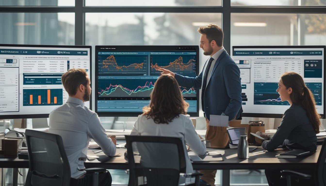 Sekelompok profesional sedang menganalisis data dan grafik tentang taruhan kuda di sebuah kantor modern.