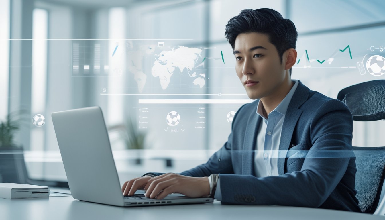 Seorang pria muda duduk di meja kantor modern sambil menggunakan laptop dengan ekspresi fokus.