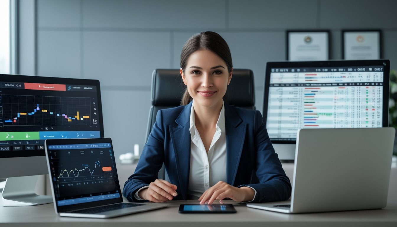 Seorang wanita profesional duduk di meja kantor modern dengan laptop dan ponsel yang menampilkan data taruhan olahraga, menunjukkan suasana kerja yang aman dan terpercaya.