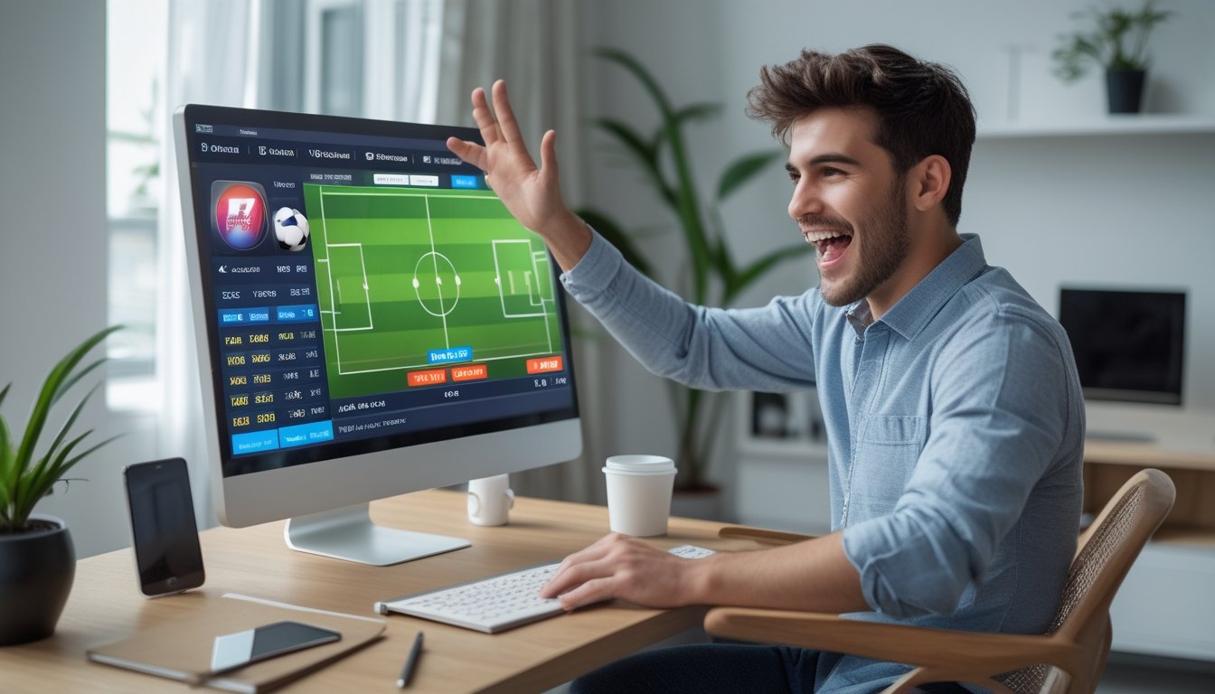 Seseorang sedang menggunakan komputer untuk memasang taruhan bola online di dalam ruangan yang rapi dan terang.