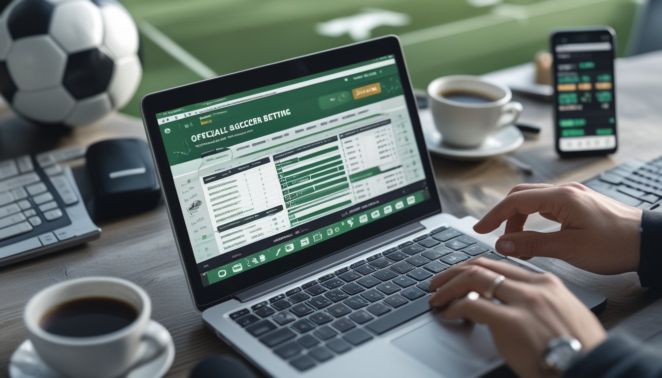 Seseorang menggunakan laptop untuk memasang taruhan bola online dengan tampilan situs taruhan bola di layar.