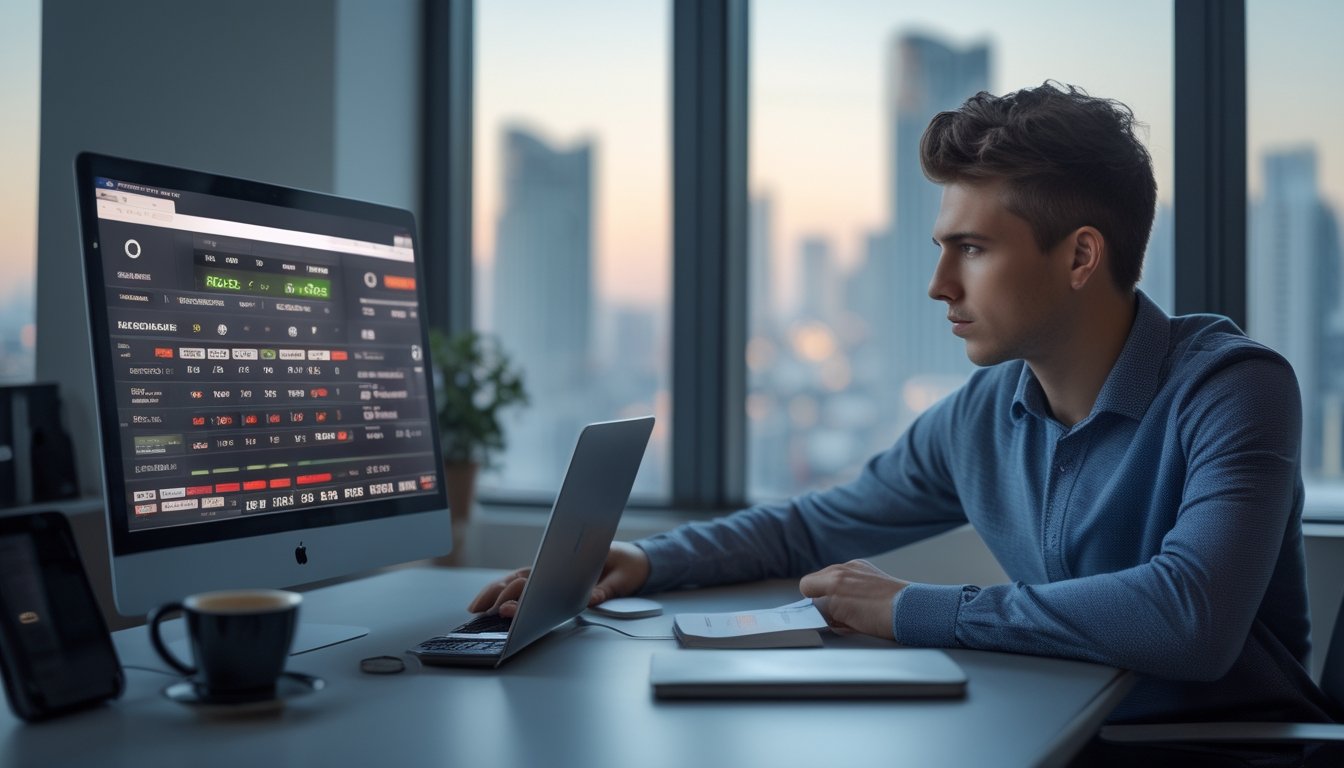 Seorang pria muda duduk di meja dengan laptop, melihat data taruhan bola, di ruangan dengan jendela besar dan pemandangan kota.