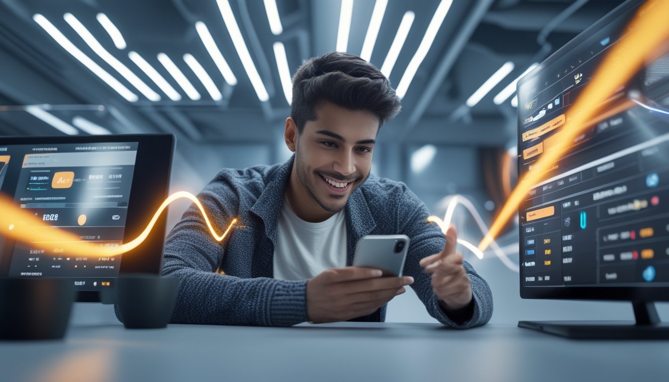 Seorang pria muda menggunakan ponsel pintar di meja kerja modern dengan layar digital di belakangnya yang menampilkan data dan grafik kecepatan transaksi.