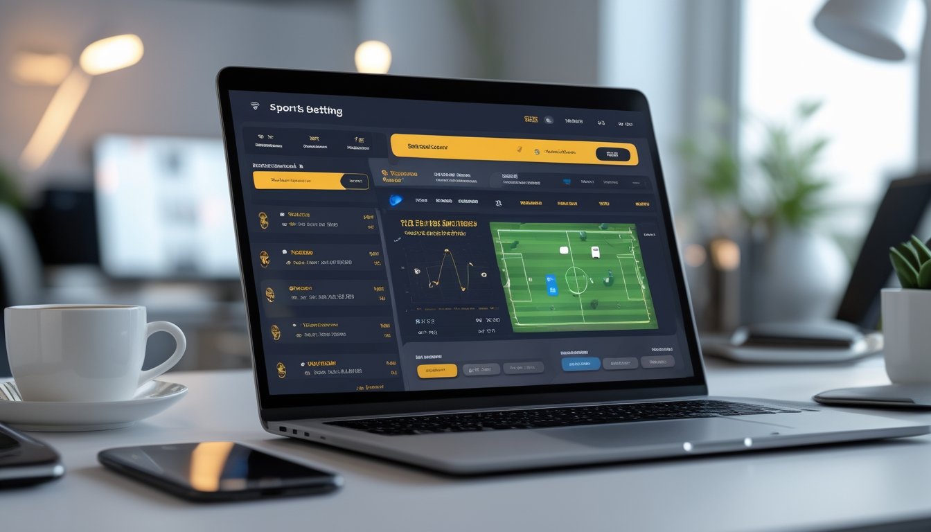 Layar laptop menampilkan antarmuka situs taruhan bola modern dengan pembaruan pertandingan sepak bola dan grafik, di atas meja kerja bersih dengan kopi dan ponsel.