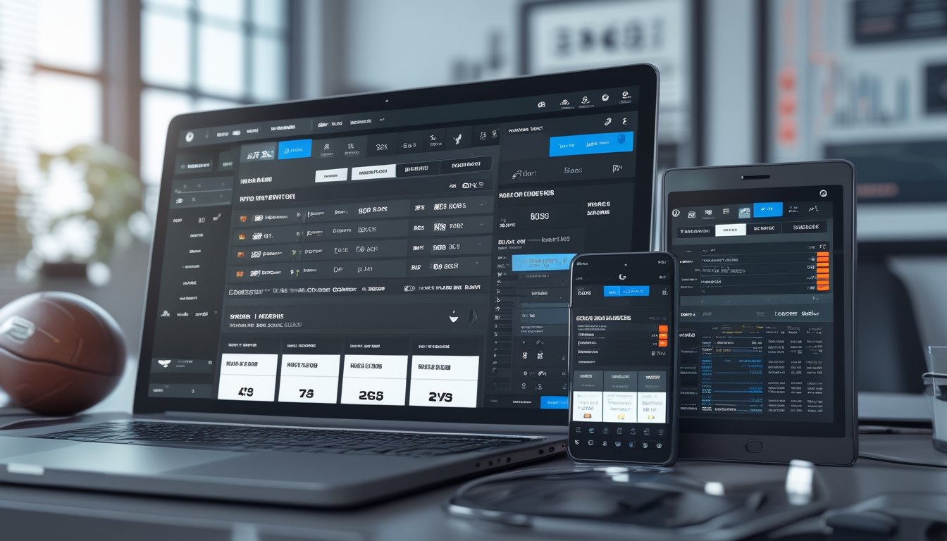 Beberapa perangkat digital menampilkan odds taruhan bola dari berbagai bandar besar dengan latar kantor modern dan perlengkapan terkait sepak bola.