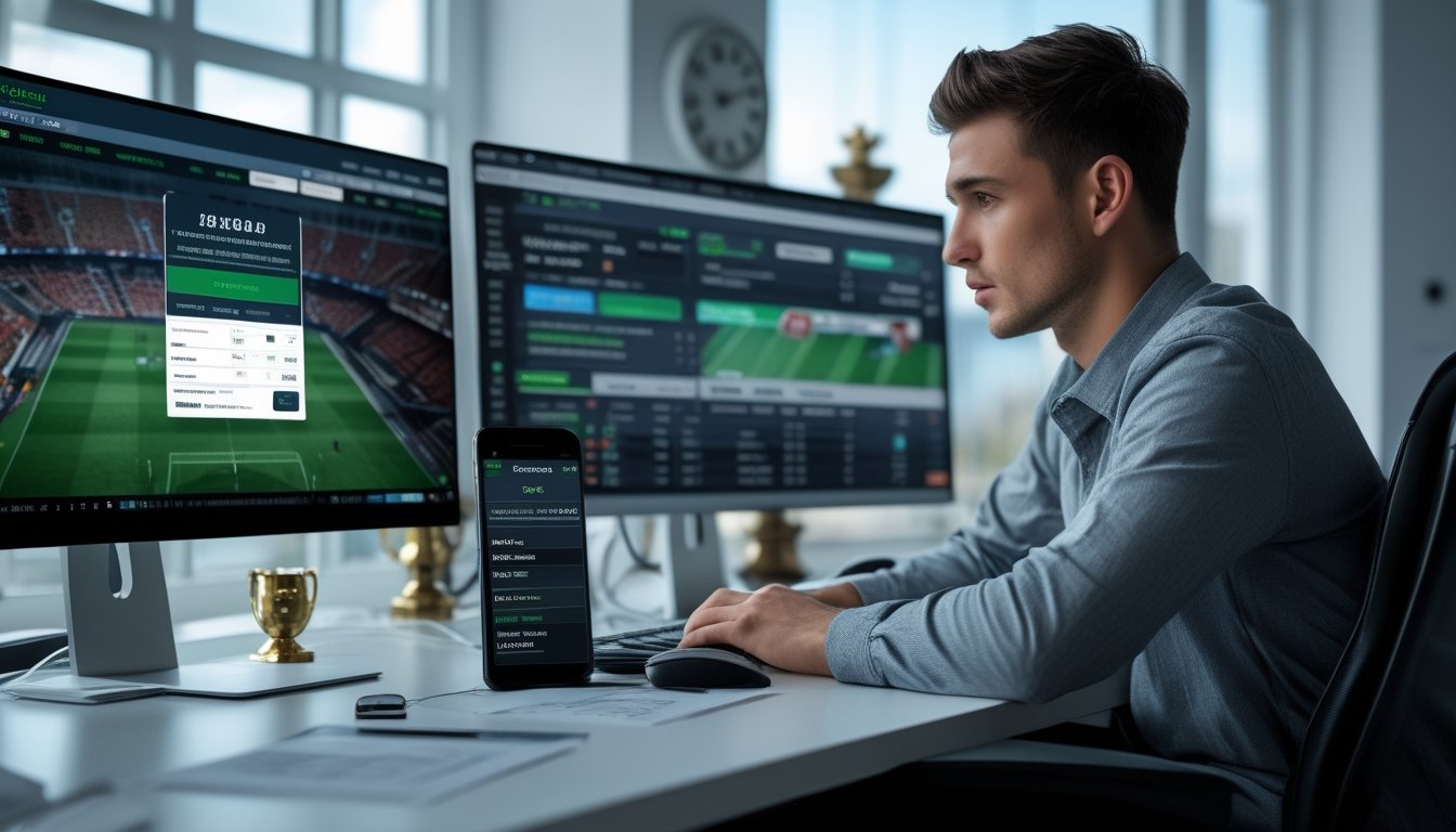 Seorang pria muda duduk di depan komputer dengan beberapa layar menampilkan situs taruhan olahraga dan pertandingan sepak bola, tampak fokus dan serius dalam menganalisis data.