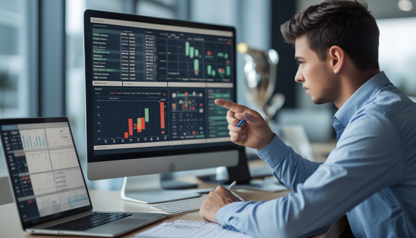 Seorang analis olahraga sedang mempelajari statistik pertandingan sepak bola di beberapa layar komputer di kantor modern.