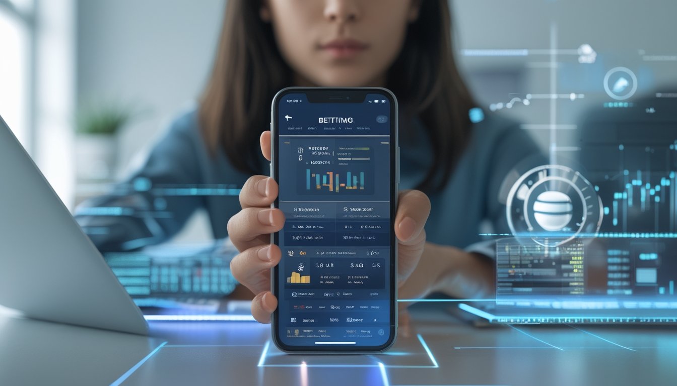 Seseorang memegang ponsel dengan aplikasi taruhan olahraga terlihat di layar, di ruang kerja modern dengan elemen teknologi futuristik di sekitar.