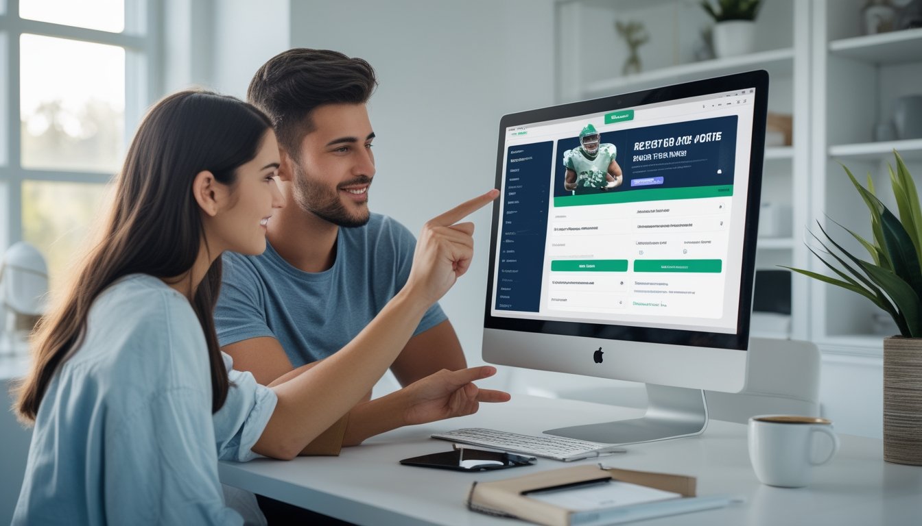 Dua orang muda duduk di meja dengan laptop, fokus pada layar situs taruhan olahraga online, tampak berdiskusi dan belajar bersama.