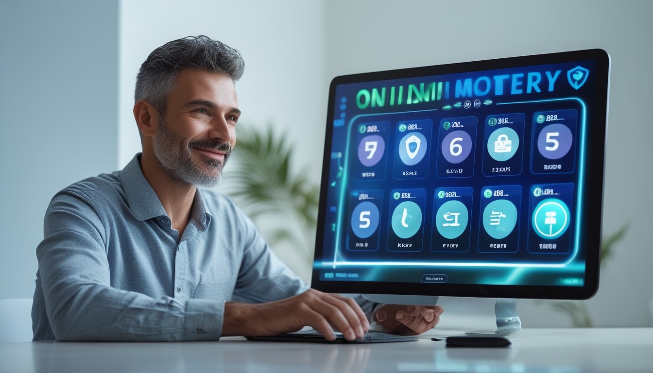 Seseorang menggunakan laptop di meja dengan tampilan digital yang menunjukkan angka lotere dan ikon keamanan.