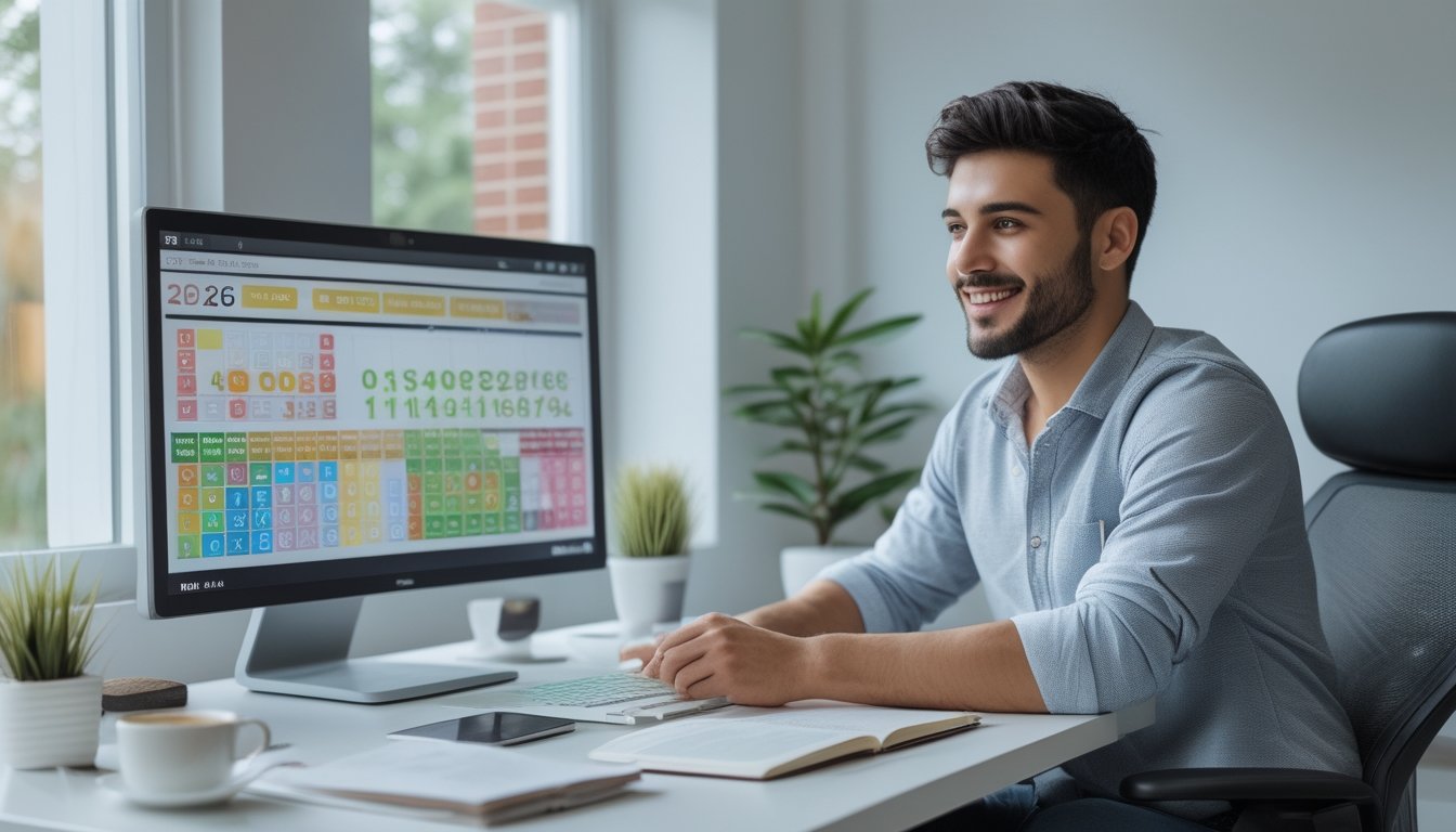 Seorang dewasa muda duduk di meja kerja dengan komputer menampilkan angka togel dan grafik, di ruangan yang terang dan rapi, fokus pada permainan togel online.