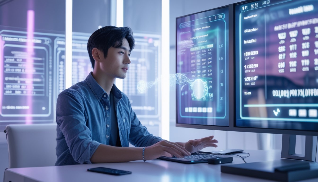 Seorang pria muda sedang menggunakan layar digital transparan untuk bermain togel online di sebuah ruangan modern dengan pencahayaan biru dan ungu.