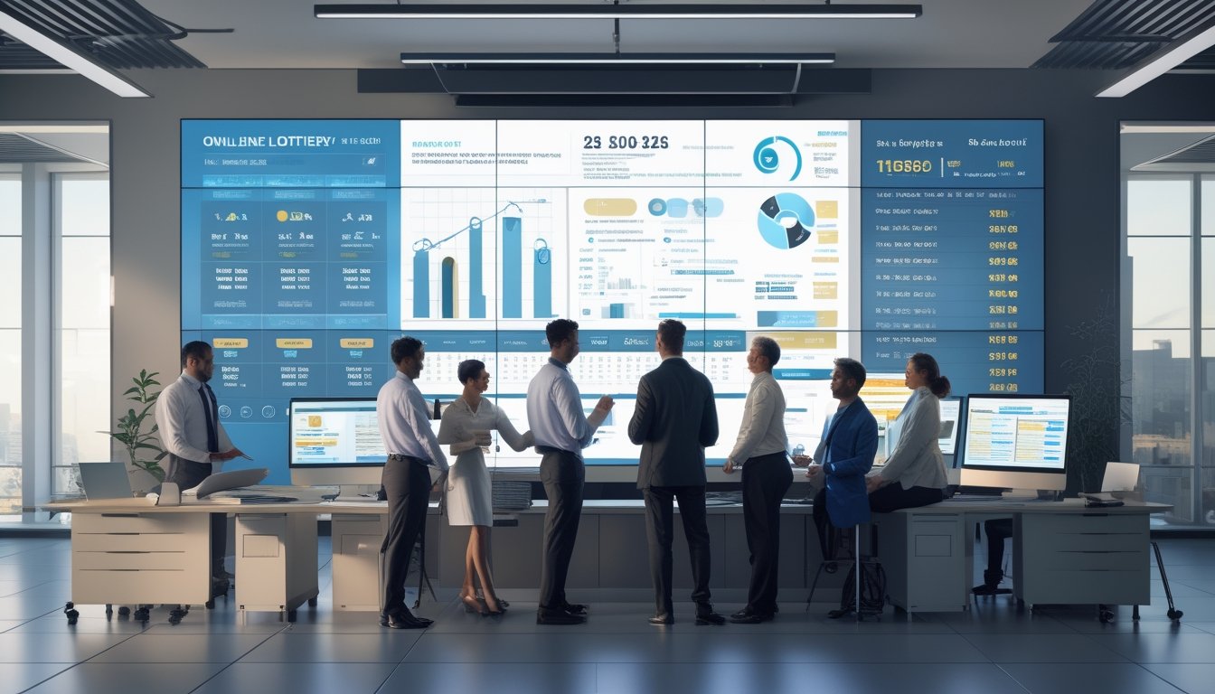Sekelompok profesional sedang bekerja bersama di kantor dengan layar besar menampilkan grafik dan data angka terkait keluaran togel online.