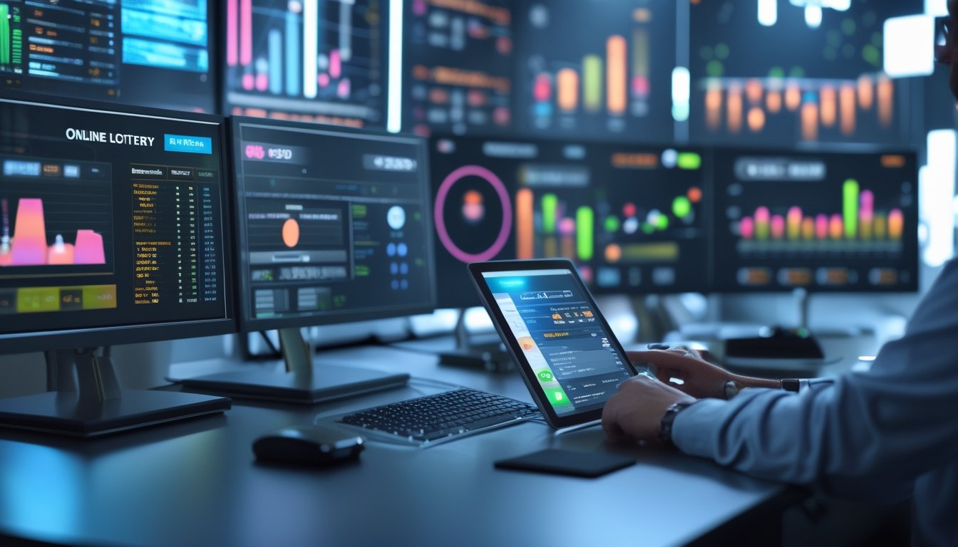 Meja kerja modern dengan beberapa monitor menampilkan grafik dan angka togel, tangan seseorang menggunakan tablet layar sentuh.