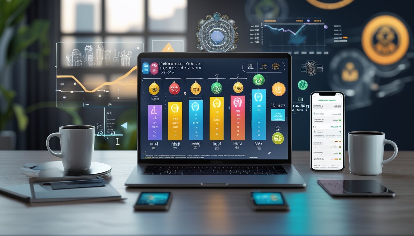 Seorang pria menggunakan laptop di meja kerja dengan grafik dan angka terkait pasaran togel online Indonesia, di latar belakang terlihat motif budaya Indonesia dan pemandangan kota.