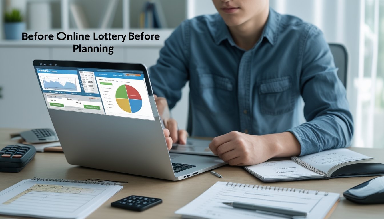 Seorang dewasa muda duduk di meja dengan laptop dan alat tulis, sedang merencanakan keuangan sebelum bermain togel online.