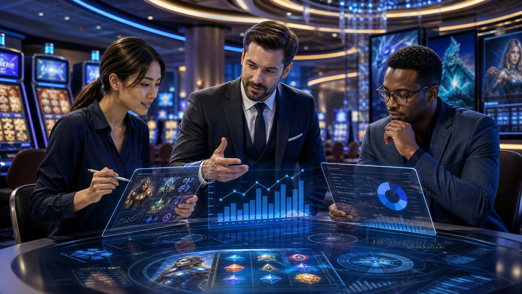 A Group Of Professionals Discussing And Analyzing Casino Games In A Modern Casino Setting With Slot Machines And Digital Displays.