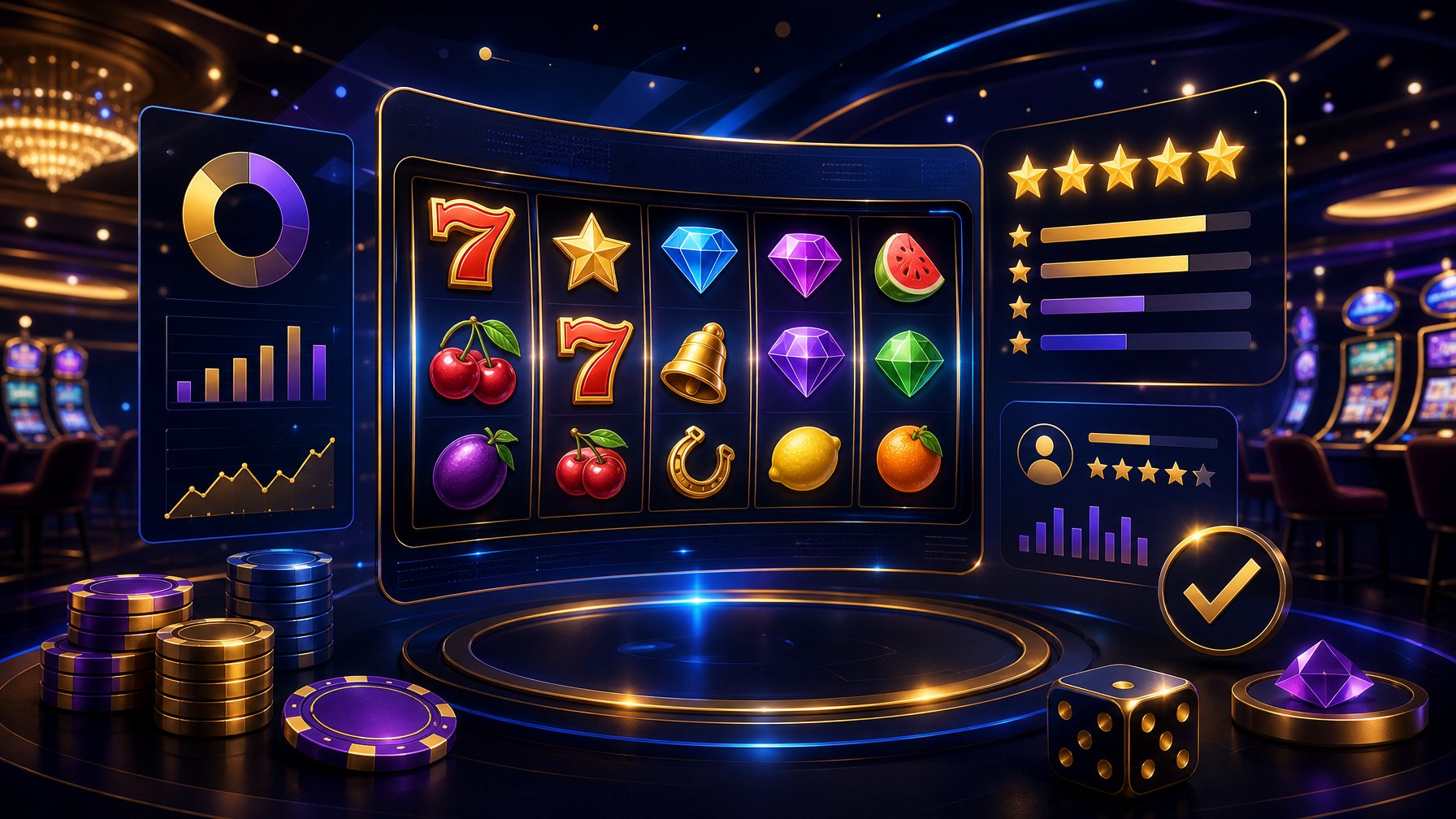 A Modern Casino Scene With A Large Gaming Screen Showing Colorful Slot Machine Symbols And Floating Icons Representing Ratings And Reviews.
