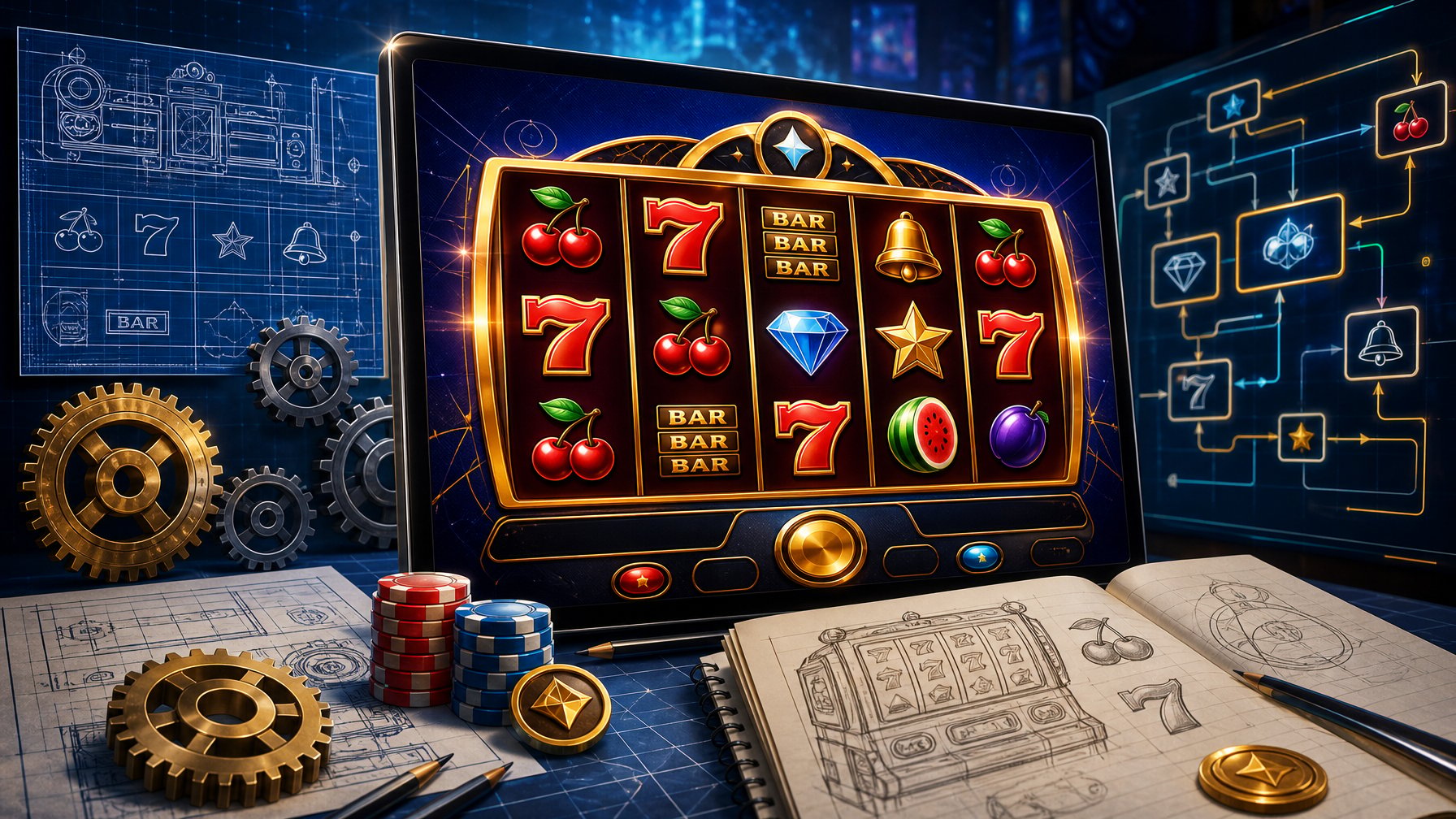 A Digital Casino Game Screen With Slot Machine Reels And Surrounding Design Elements Like Gears And Blueprints Representing Game Mechanics And Development.