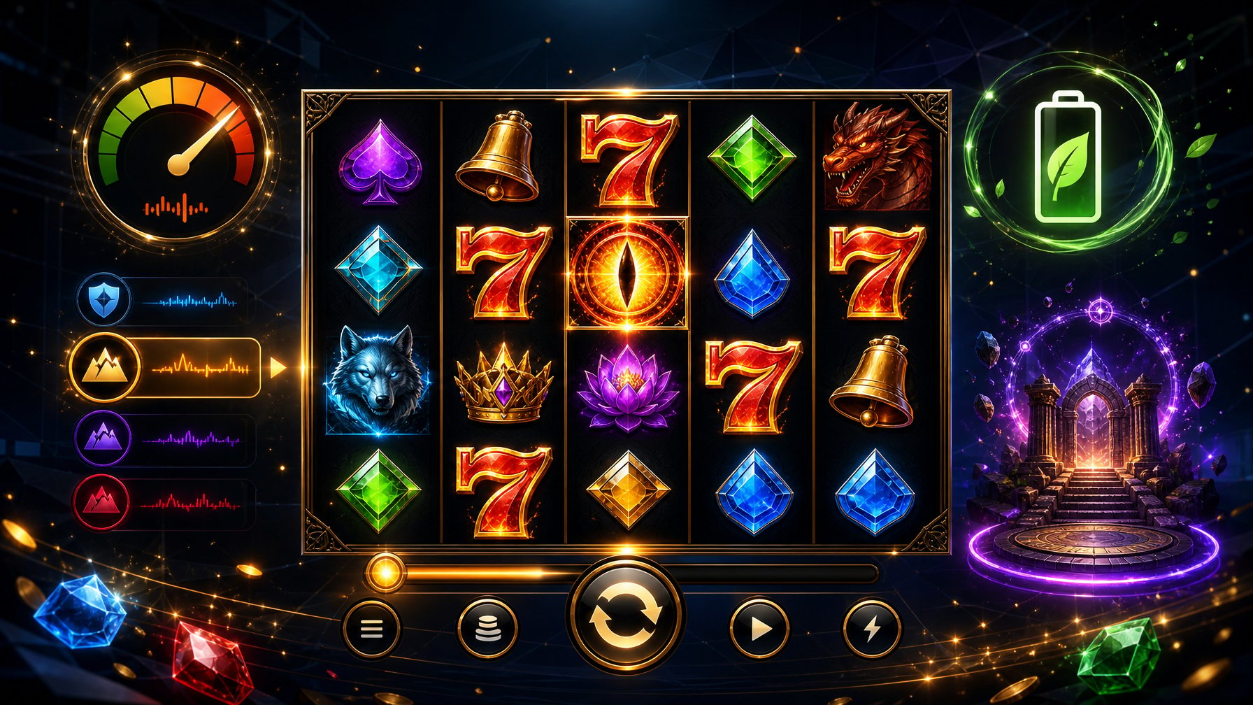 A Detailed Illustration Of A Vibrant Casino Game Interface With Spinning Slot Reels And Glowing Effects, Surrounded By Abstract Shapes Representing An Exciting And Immersive Gaming Experience.