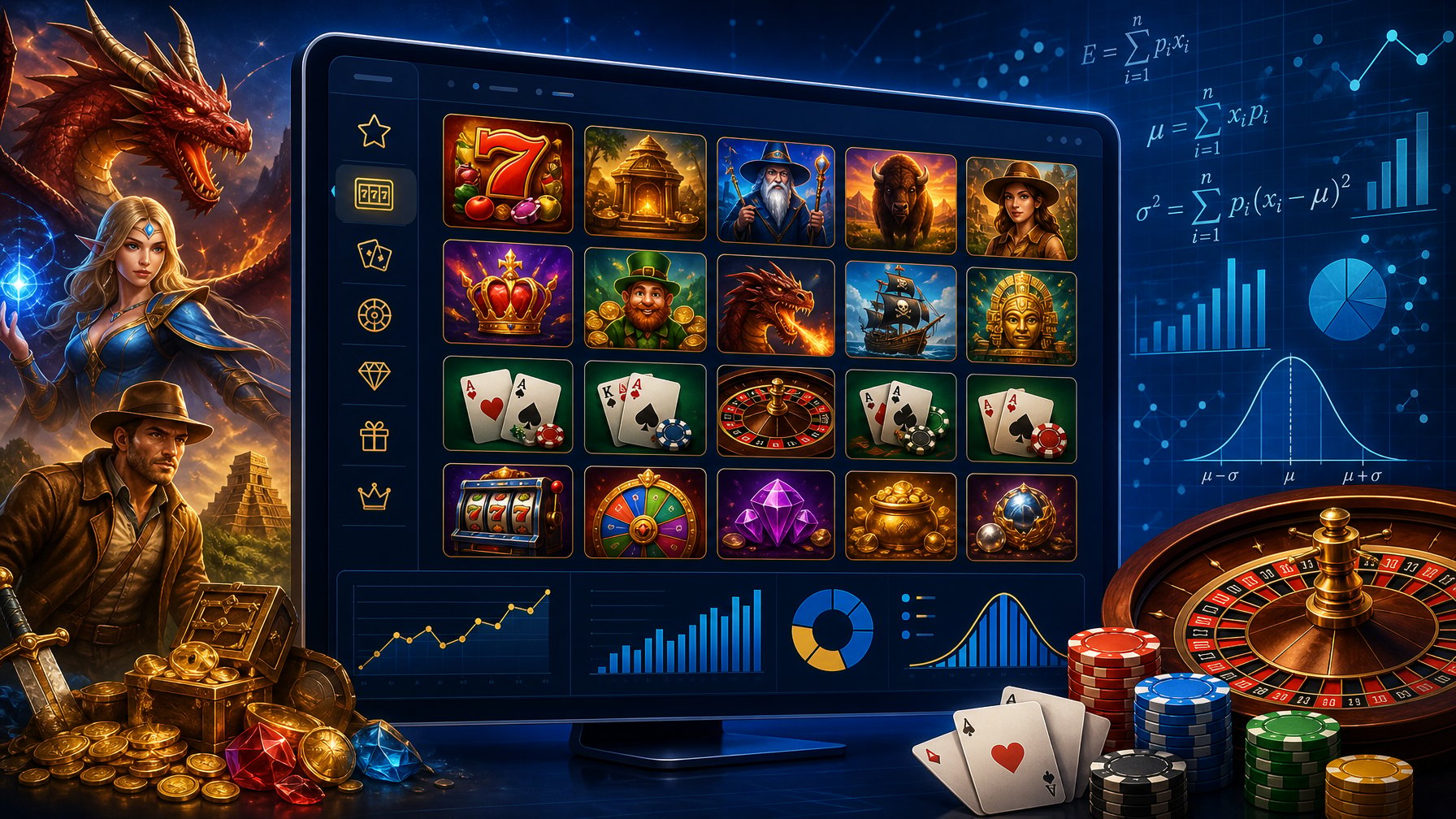 A Digital Dashboard Showing Various Casino Game Icons With Surrounding Thematic Elements And Mathematical Symbols Representing Game Variety And Statistical Analysis.
