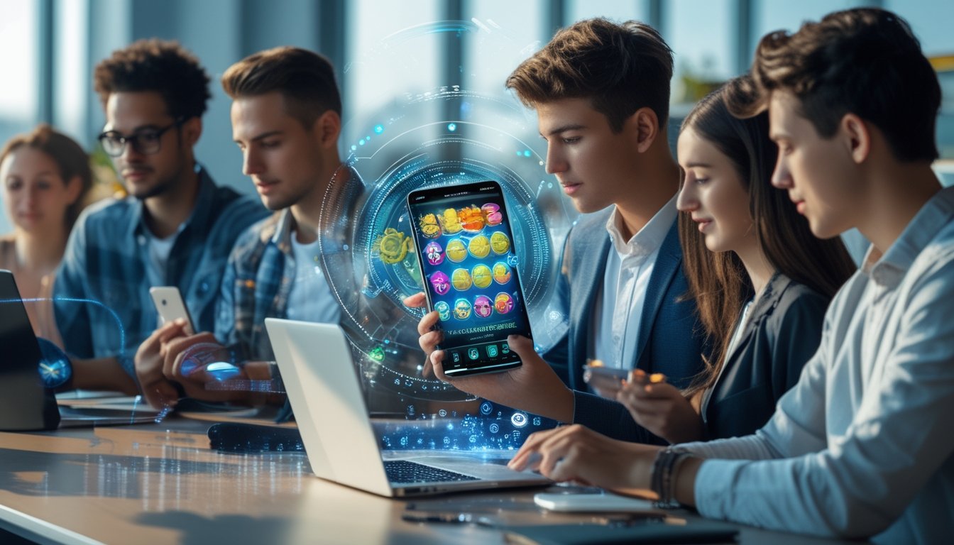 Seorang pria memegang ponsel dengan aplikasi yang berwarna-warni, dikelilingi oleh orang-orang muda yang menggunakan perangkat digital di ruang kerja modern.