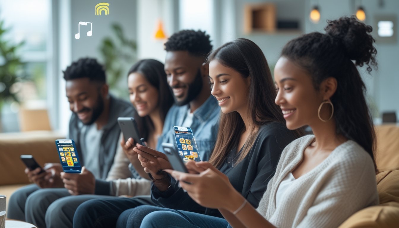Sekelompok orang muda menggunakan ponsel dan tablet di ruangan modern yang terang, terlihat fokus dan senang saat mengakses aplikasi secara online.