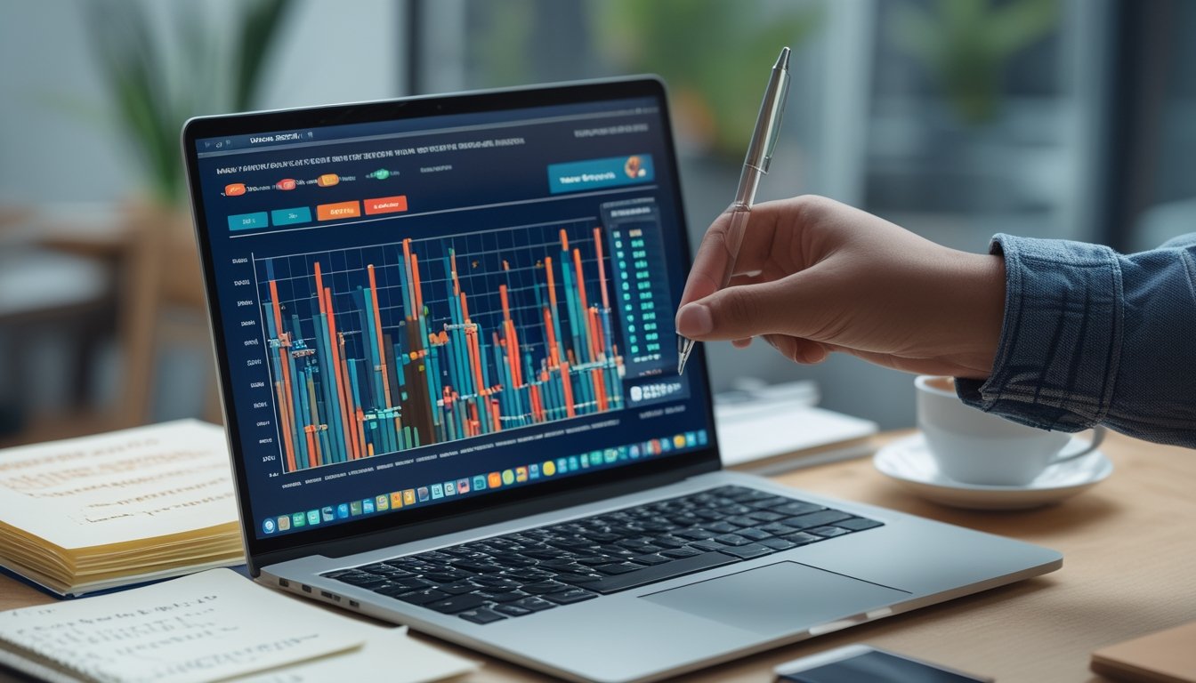 Seseorang sedang menganalisis statistik prediksi togel online di meja kerja dengan laptop, catatan, dan ponsel.