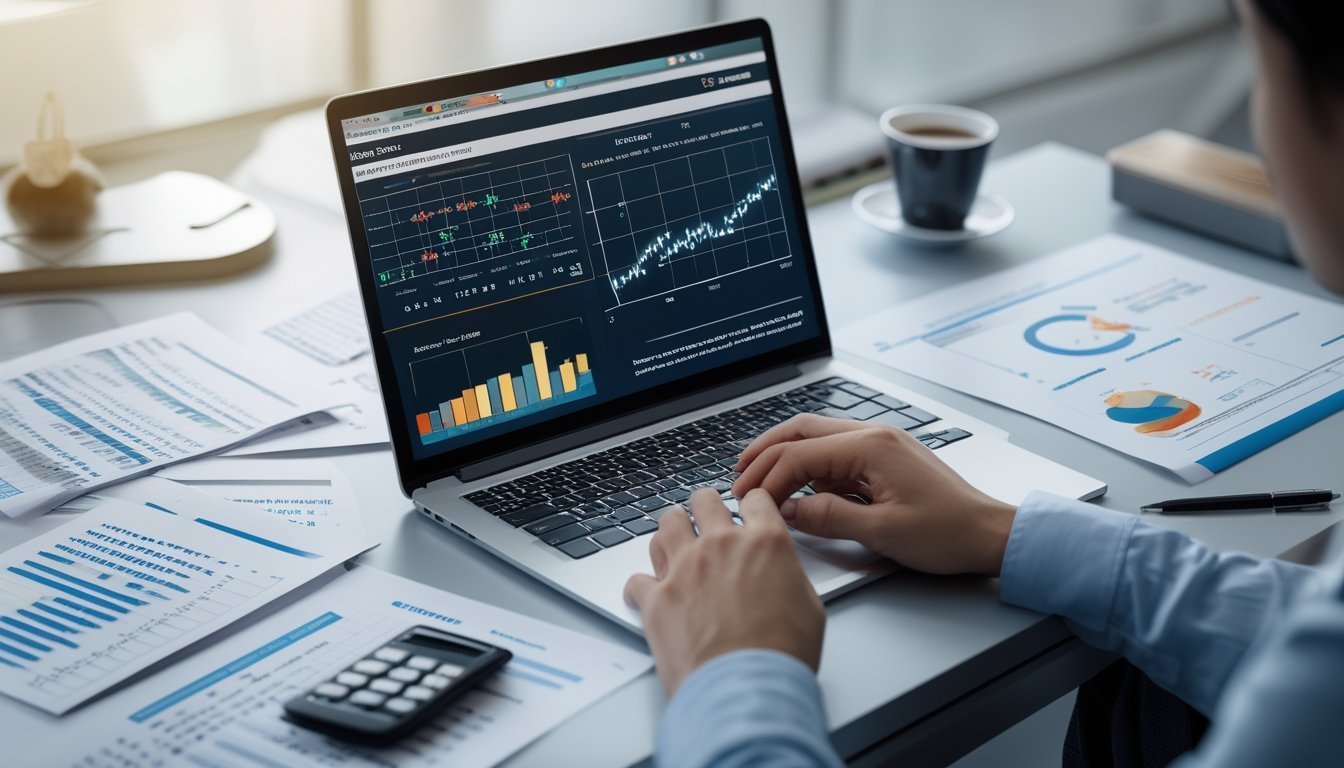 Seorang profesional sedang menganalisis data statistik togel online di meja kerja dengan laptop, kertas, kalkulator, dan alat tulis.