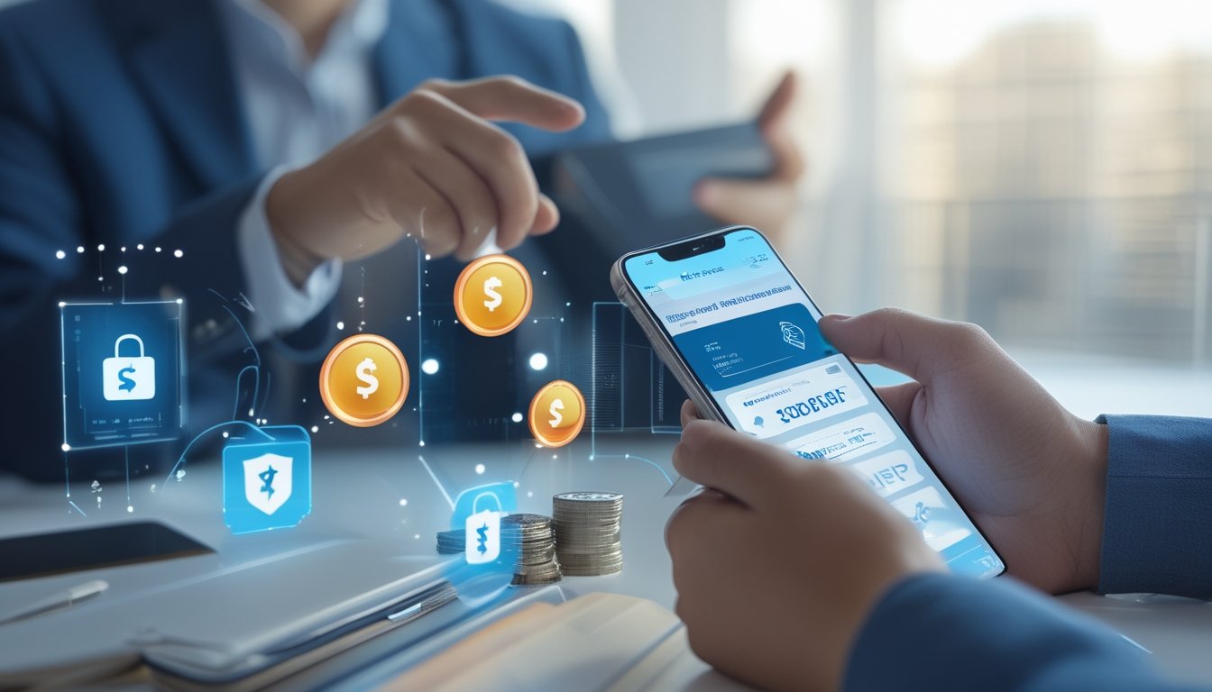 Seseorang menggunakan ponsel dengan aplikasi dompet digital di meja kerja modern, menunjukkan transaksi deposit e-wallet yang berhasil.