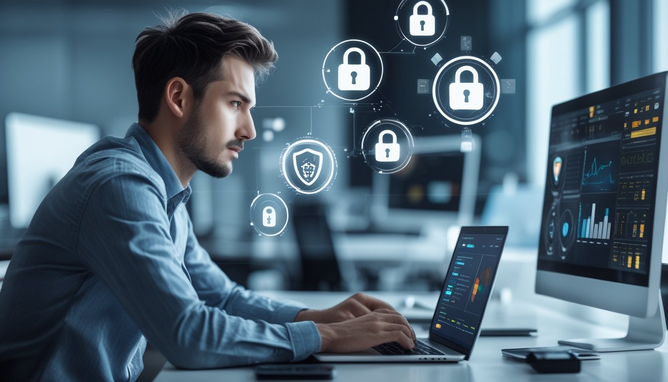 Seorang pria muda serius duduk di depan laptop di kantor modern, fokus menganalisis data keamanan untuk mencegah penipuan togel online.