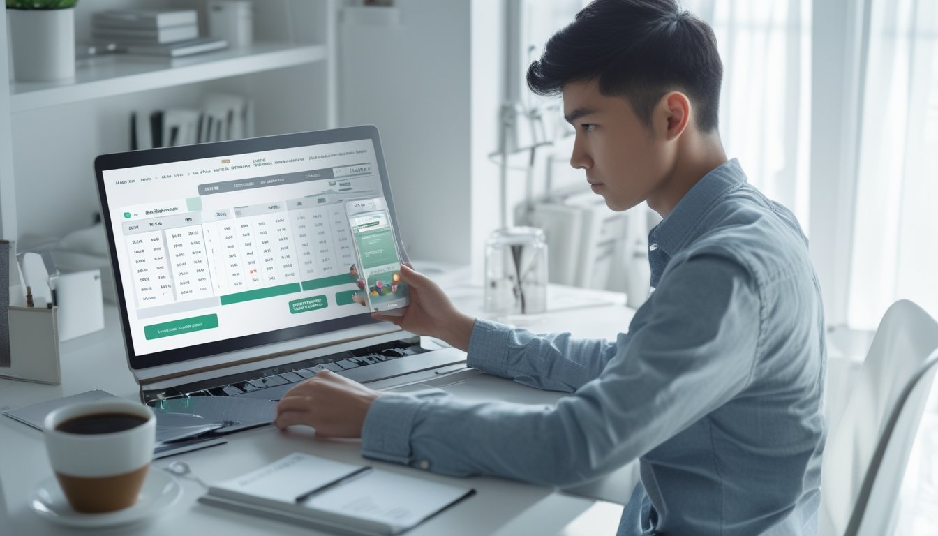 Seseorang duduk di meja dengan laptop dan perangkat digital, fokus melihat data angka togel online di ruang kerja yang terang.