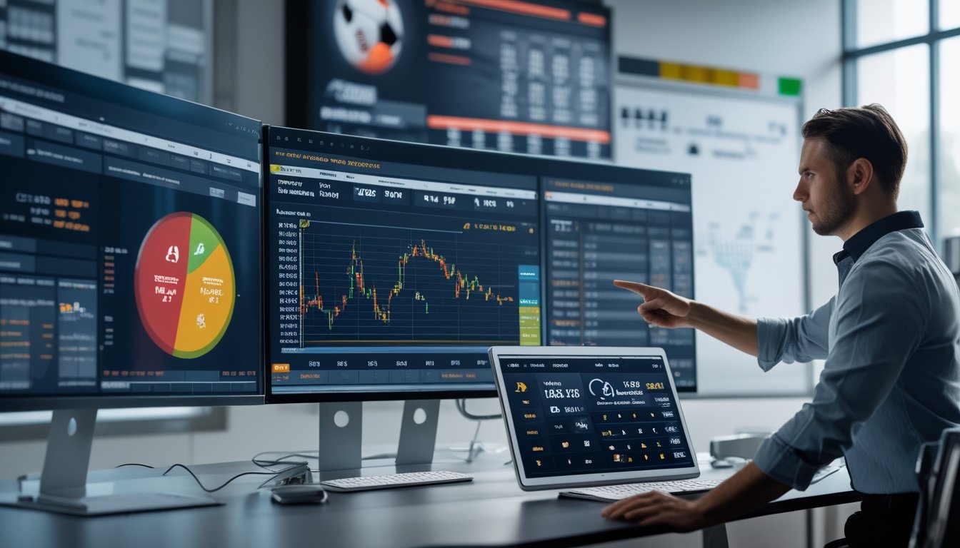 Seorang analis olahraga sedang bekerja di meja dengan beberapa layar komputer yang menampilkan statistik pertandingan sepak bola dan data prediksi untuk kompetisi musim 2026.